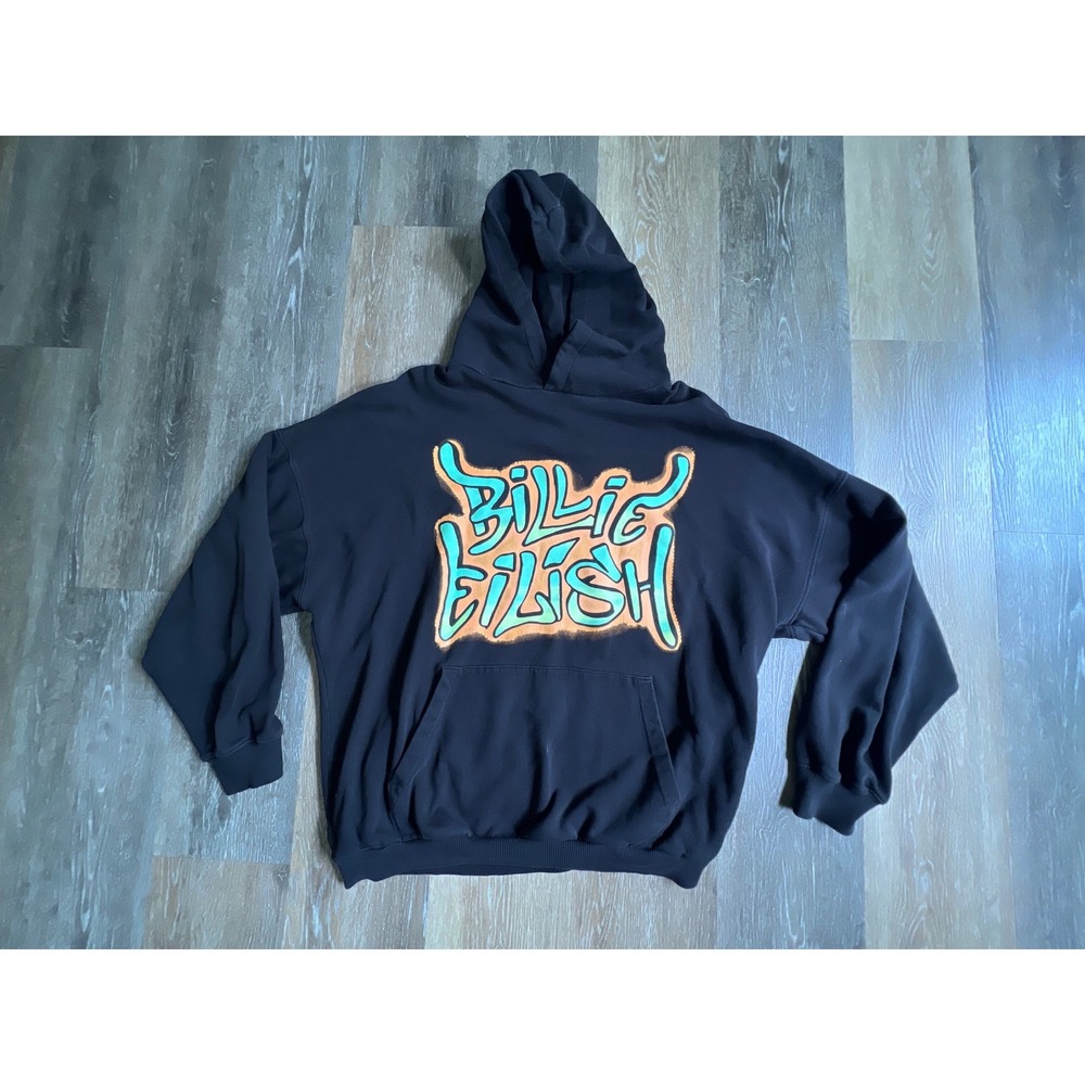 Bershka Billie Eilish Hoodie Mens Large Black Graffiti Logo Long Fit Streetwear